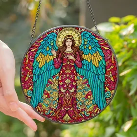 Art Lovers' Tiffany-Style Stained Glass Angel, Celestial Floral Mosaic, Royal Blue Magenta Gold Teal Ruby Red Stained Glass Suncatcher