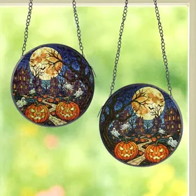 Halloween Enthusiasts' Vibrant Tiffany Stained Glass Haunted Village, Jack-o'-Lanterns, Ghosts, Full Moon Scene Stained Glass Suncatcher