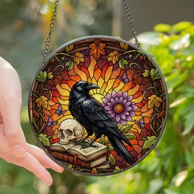 Art Lovers' Intricate Stained Glass Crow Skull Dahlia Celestial Jewel Tones Stained Glass Suncatcher