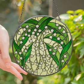 Nature Lovers' Intricate Tiffany Glass Lily of the Valley Jewel Tone Floral Mosaic Stained Glass Suncatcher