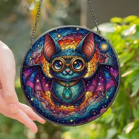 Celestial Dreamers' Tiffany Style Chibi Bat Stained Glass Galactic Jewel Tone Mosaic Stained Glass Suncatcher