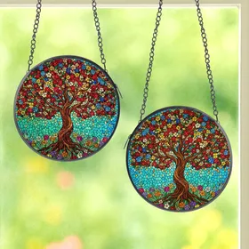 Nature Lovers' Intricate Tiffany Stained Glass Tree of Life, Jewel Tone Flowers & Blue Mosaic Sky Stained Glass Suncatcher
