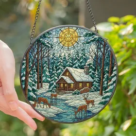 Nature Lovers' Tiffany Stained Glass Cozy Winter Cabin & Deer Forest Jewel Tones Mosaic Art Stained Glass Suncatcher