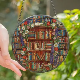 Book Lovers' Vibrant Stained Glass Bookshelf Wildflower Mosaic Jewel Tones Stained Glass Suncatcher
