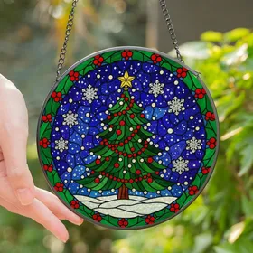 Christmas Lovers' Tiffany Style Stained Glass Christmas Tree, Snowy Starry Night, Holly Berry Border, Deep Jewel Tones Stained Glass Suncatcher