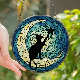 Cat Lovers' Tiffany Style Black Cat Moon Celestial Stained Glass Swirling Blue Teal Jewel Mosaic Stained Glass Suncatcher