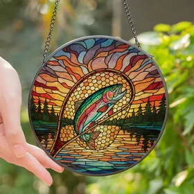 Anglers & Nature Lovers' Tiffany Stained Glass Leaping Rainbow Trout Sunset Lake Mosaic Jewel Tone Pattern Stained Glass Suncatcher