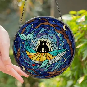Art Lovers' Edge-to-Edge Stained Glass: Black Cats, Cosmic Whale, Teal Gold Nebula Stained Glass Suncatcher