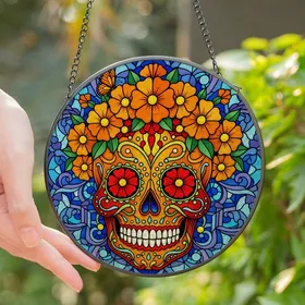 Vibrant Style Seekers' Stained Glass Calavera Marigold Floral Mosaic, Jewel Tone Orange Blue Green Red Stained Glass Suncatcher