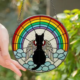 Cat Lovers' Majestic Iridescent Winged Black Cat Tiffany Style Rainbow Stained Glass Mosaic Art Stained Glass Suncatcher