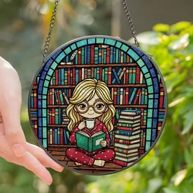 Cozy Readers' Tiffany Stained Glass Library Chibi Woman Ruby Emerald Amber Stained Glass Suncatcher
