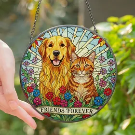 Pet Lovers' Tiffany Stained Glass Golden Retriever Cat Wildflower Sunburst Art Stained Glass Suncatcher