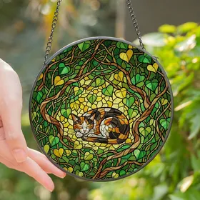 Cat Lovers' Vibrant Stained Glass Calico Cat Curled in Jewel Toned Amber Emerald Foliage Mosaic Stained Glass Suncatcher