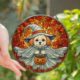 Halloween Enthusiasts' Intricate Stained Glass Fluffy Puppy Witch Orange Ghostly Cloak Autumn Mosaic Stained Glass Suncatcher