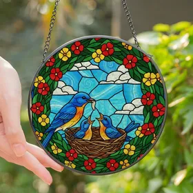 Nature Lovers' Vibrant Tiffany Stained Glass Bluebird Nest Feeding Jewel Tones Stained Glass Suncatcher