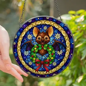 Holiday Lovers' Jewel Tone Stained Glass Bat Christmas Wreath Celestial Mosaic Stained Glass Suncatcher