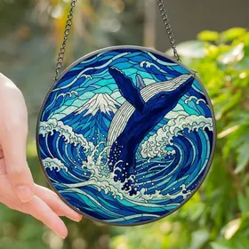 Ocean Lovers' Intricate Tiffany Stained Glass Leaping Dark Blue Whale Mount Fuji Ocean Waves Mosaic Jewel Tones Stained Glass Suncatcher