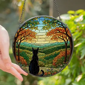 Cat Lovers' Intricate Tiffany Stained Glass Black Cat, Jewel Tone Autumn Forest Landscape Stained Glass Suncatcher