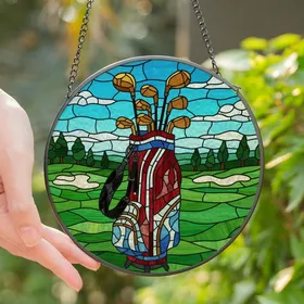 Golf Fans' Intricate Stained Glass Golf Bag & Fairway Mosaic Art in Jewel Tones Stained Glass Suncatcher