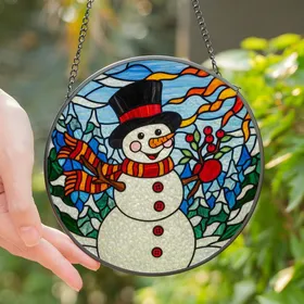 Winter Enthusiasts' Vibrant Tiffany Stained Glass Cheerful Snowman Winter Mosaic Ruby Red Orange Green Blue Stained Glass Suncatcher