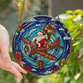 Holiday Lovers' Intricate Edge-to-Edge Stained Glass Santa Airplane Celestial Tiffany Jewel Tones Stained Glass Suncatcher