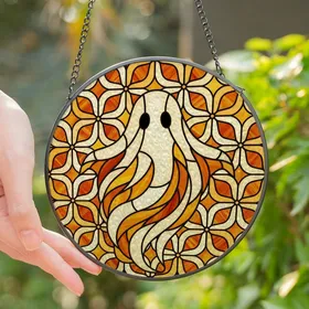 Whimsical Art Fans' Intricate Tiffany Stained Glass Ghost Milky White Cream Amber Orange Brown Mosaic Stained Glass Suncatcher