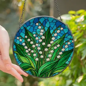 Nature Enthusiasts' Intricate Stained Glass Lily-of-the-Valley Floral with Aqua Teal Mosaic Stained Glass Suncatcher