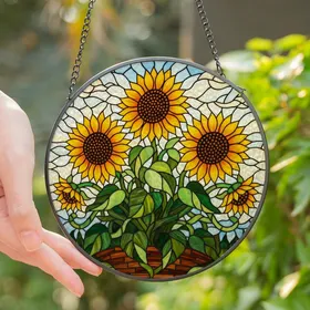 Sunflower Enthusiasts' Vibrant Tiffany Stained Glass Sunflower Mosaic with Sunny Sky & Lush Greenery Stained Glass Suncatcher