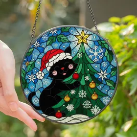 Festive Cat Lovers' Stained Glass Black Cat Santa Hat Christmas Tree Jewel Tones Intricate Winter Mosaic Stained Glass Suncatcher
