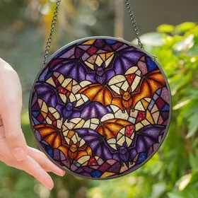 Gothic Art Enthusiasts' Tiffany Style Stained Glass Bats, Vibrant Purple Orange Indigo Amber Geometric Mosaic Stained Glass Suncatcher