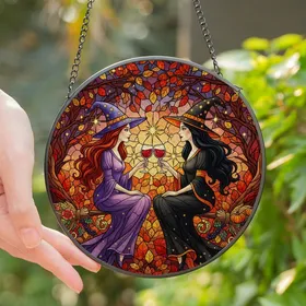 Fantasy Art Collectors Elegant Witches Stained Glass Toasting Twilight Forest Jewel Tones Stained Glass Suncatcher