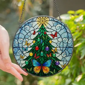 Stained Glass Art Lover's Intricate Tiffany Style Christmas Tree, Jewel Tone Butterflies & Frosted Mosaic Stained Glass Suncatcher