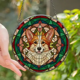 Corgi Lovers' Intricate Tiffany Style Amber Olive Green Stained Glass Geometric Art Stained Glass Suncatcher