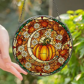 Autumn Enthusiasts' Glowing Tiffany Stained Glass Crescent Moon Pumpkin Floral Mosaic Stained Glass Suncatcher