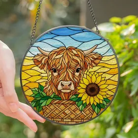 Highland Cow Lovers' Tiffany Stained Glass Baby Highland Cow, Sunflower, Warm Jewel Tones Mosaic Stained Glass Suncatcher