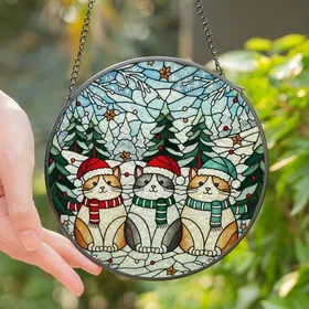 Cat Lovers' Intricate Stained Glass Festive Ruby Emerald Aqua Cats Winter Wonderland Stained Glass Suncatcher