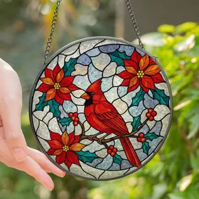 Stained Glass Art Lovers' Vibrant Red Cardinal Silver Moon Poinsettia Holly Jewel Tone Mosaic Stained Glass Suncatcher