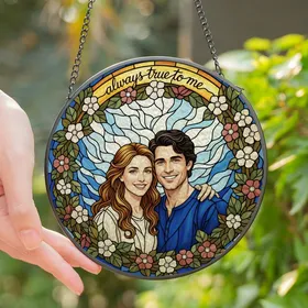 Romantic Souls' Tiffany Style Glowing Stained Glass Embracing Couple Floral Jewel Tone Mosaic Art Stained Glass Suncatcher