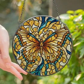 Art & Nature Lovers' Tiffany Stained Glass Butterfly Intricate Gold Navy Teal Amber Mosaic Stained Glass Suncatcher
