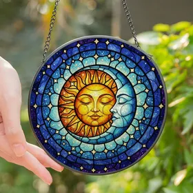 Celestial Art Lovers' Tranquil Sun & Moon Tiffany Stained Glass Mosaic Jewel Tones Gold Blue Purple Stained Glass Suncatcher