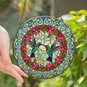 Nature Lovers' Jewel-Toned Tiffany Stained Glass Hummingbird Pair, Pink Magenta Floral Wreath, Blue Green Mosaic Art Stained Glass Suncatcher