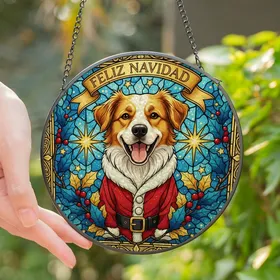 Festive Dog Lovers' Glowing Tiffany Stained Glass Golden Santa Dog, Blue Holly, Gold Stars Mosaic Stained Glass Suncatcher