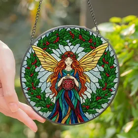 Art & Holiday Lovers' Ethereal Stained Glass Fairy Holly Wreath Jewel Tone Mosaic Pattern Stained Glass Suncatcher