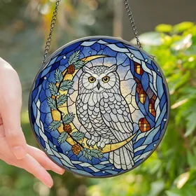 Art Enthusiasts' Jewel Tone Stained Glass Snowy Owl Golden Moon Winter Mosaic Stained Glass Suncatcher