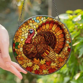 Autumn Lovers' Vibrant Tiffany Stained Glass Turkey Autumn Leaves Jewel Tone Mosaic Stained Glass Suncatcher