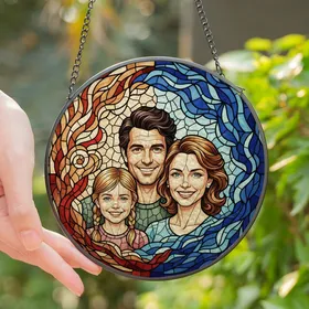 Family Lovers' Joyful Stained Glass Portrait, Tiffany Style Amber Blue Rose Pink Intricate Mosaic Art Stained Glass Suncatcher