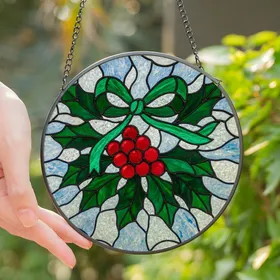 Winter Art Lovers Tiffany Style Stained Glass Holly Berries Emerald Ruby Jewel Tone Winter Sky Mosaic Stained Glass Suncatcher