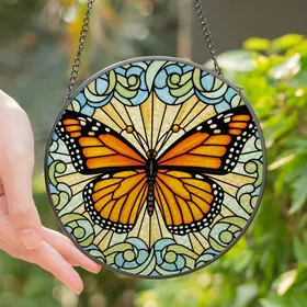 Nature Lovers' Edge-to-Edge Stained Glass Monarch Butterfly Orange Blue Jewel Tone Art Stained Glass Suncatcher