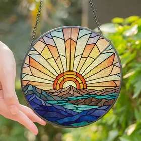 Nature Lovers' Tiffany Stained Glass Rising Sun Mountain Mosaic Art Teal Orange Blue Stained Glass Suncatcher