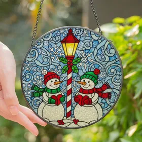 Holiday Season Fans' Cheerful Tiffany Style Stained Glass Snowmen Lamppost Winter Mosaic in Red Green Yellow Jewel Tones Stained Glass Suncatcher